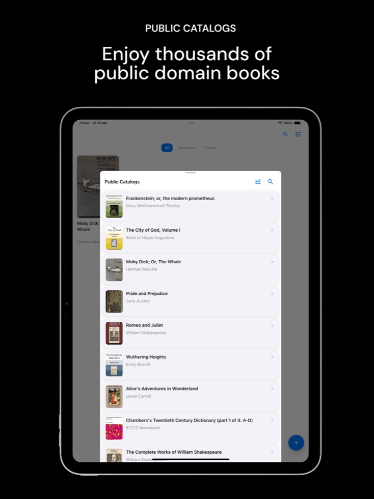 Fablum on iPad showing a wider view of OPDS catalog browsing