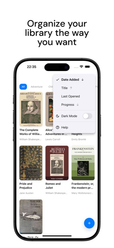 Fablum library view with organized books and sorting controls