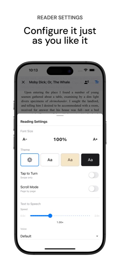 Fablum reader settings on iPhone with typography and theme controls