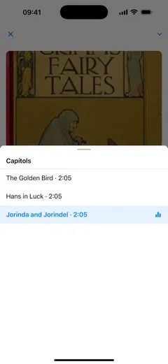 La llista de capítols del reproductor d’audiollibres de Fablum a l’iPhone, sobre la coberta de Contes dels germans Grimm: tres capítols amb la seva durada i el que sona marcat