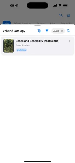 Panel veřejného katalogu ve Fablum na iPhonu, vyfiltrovaný na audioknihy, se Sense and Sensibility jako načteným vydáním