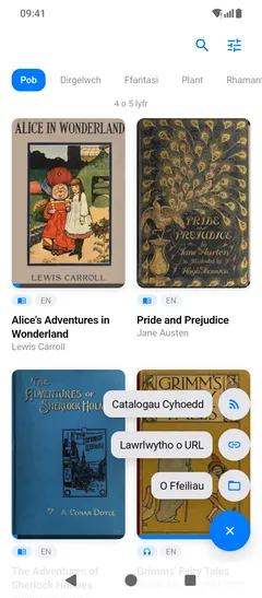Yr un ddewislen ychwanegu ar ffôn Android, ar agor dros y cloriau: Catalogau Cyhoedd, Lawrlwytho o URL ac O Ffeiliau