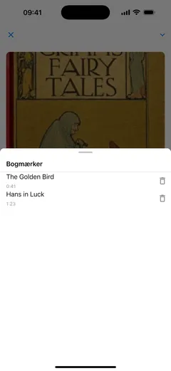 Bogmærkelisten i Fablums lydbogsafspiller på en iPhone: to bogmærker med kapitelnavn, “The Golden Bird” ved 0:41 og “Hans in Luck” ved 1:23, hver med en sletteknap