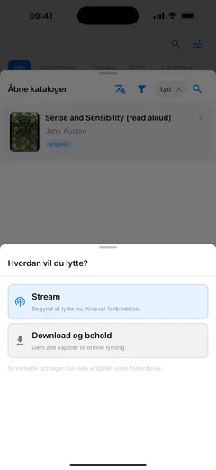 Fablum spørger på en iPhone, hvordan du vil lytte til en lydbog fra kataloget: “Stream”, som kræver forbindelse, eller “Download og behold” for at lytte offline