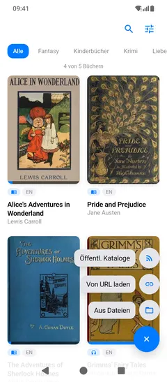 Dasselbe Hinzufügen-Menü auf einem Android-Handy, offen über den Covern der Bibliothek: Öffentl. Kataloge, Von URL laden und Aus Dateien