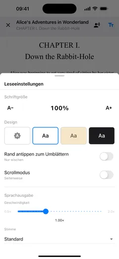 Die Leseeinstellungen von Fablum auf dem iPhone: Schriftgröße, vier Farbfelder für die Seitenfarbe, Schalter für Tippen zum Blättern und Scrollen sowie die Vorlesegeschwindigkeit