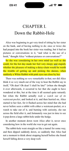 Fablum liest Alice’s Adventures in Wonderland auf dem iPhone vor, der gesprochene Satz ist gelb hervorgehoben