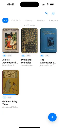 The Fablum library on iPhone: three ebooks and one audiobook in a grid of covers, under genre filters and a “4 of 5 books” counter