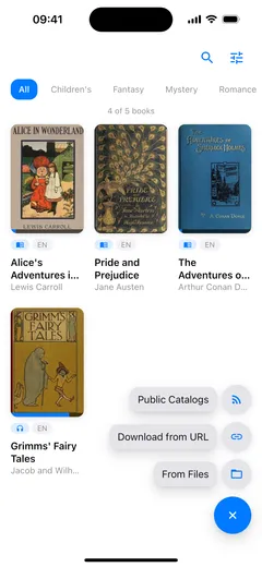 The add menu open over the Fablum library on iPhone: Public Catalogs, Download from URL and From Files, each with its own icon, above a blue ✕