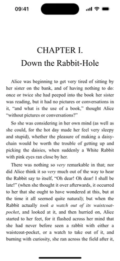 Fablum on iPhone showing “Down the Rabbit-Hole”, the first chapter of Alice’s Adventures in Wonderland, on a light page