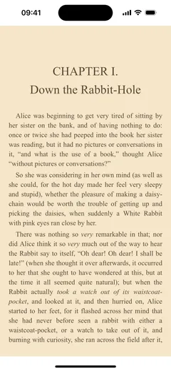 Fablum on iPhone showing the opening chapter of Alice’s Adventures in Wonderland on a sepia page