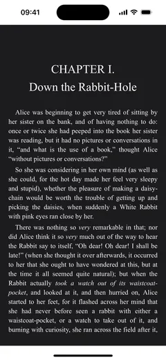 Fablum on iPhone showing the opening chapter of Alice’s Adventures in Wonderland on a dark page