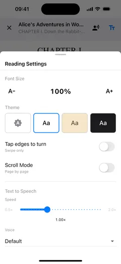Fablum’s reading settings on iPhone: font size, four page-colour swatches, tap-to-turn and scroll switches, and the speech speed