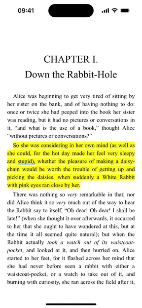Fablum reading Alice’s Adventures in Wonderland aloud on iPhone, with the sentence being spoken highlighted in yellow