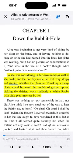 Fablum reading Alice’s Adventures in Wonderland aloud on iPhone, the sentence highlighted in yellow and the current word underlined, with the read-aloud bar across the bottom: previous sentence, next sentence, play and the speed button
