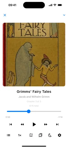The Fablum audiobook player on iPhone playing Grimms’ Fairy Tales, with a chapter scrubber, skip buttons, speed, a sleep timer and bookmarks
