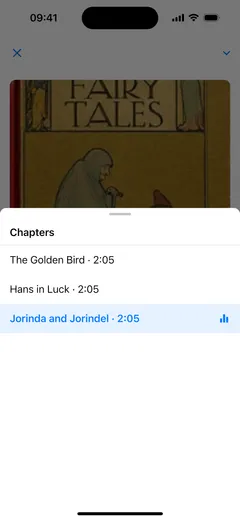 The Chapters list in the Fablum audiobook player on iPhone, over the cover of Grimms’ Fairy Tales: three chapters with their running times, the one playing marked