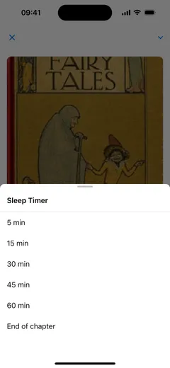 The sleep timer in the Fablum audiobook player on iPhone, offering 5, 15, 30, 45 or 60 minutes, or the end of the chapter