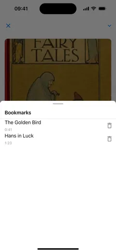 The bookmarks list in the Fablum audiobook player on iPhone: two bookmarks named by chapter, “The Golden Bird” at 0:41 and “Hans in Luck” at 1:23, each with a delete button
