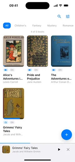 The Fablum library on iPhone with the mini-player across the bottom, playing Grimms’ Fairy Tales while the covers stay on screen