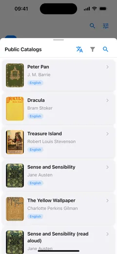 The public catalog sheet open over the Fablum library on iPhone, listing Peter Pan, Dracula, Treasure Island and Sense and Sensibility, each with its cover, author and an English badge
