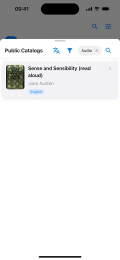 The public catalog sheet in Fablum on iPhone, filtered to audiobooks, listing Sense and Sensibility read aloud