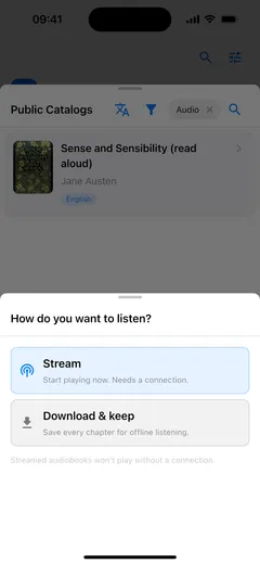 Fablum on iPhone asking how to listen to a catalog audiobook: “Stream”, which needs a connection, or “Download & keep” for offline listening