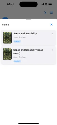 A search for “sense” in the public catalog in Fablum on iPhone, returning Sense and Sensibility once as an ebook and once read aloud
