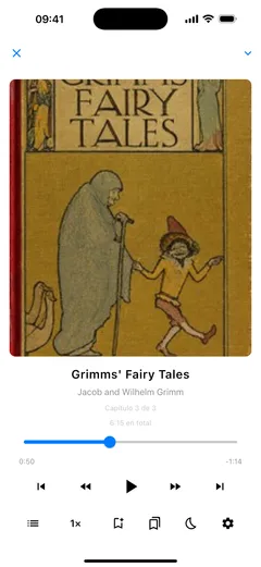 El reproductor de audiolibros de Fablum en un iPhone reproduce Grimms’ Fairy Tales, con barra de avance del capítulo, botones de salto, velocidad, temporizador y marcadores