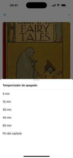 El temporizador del reproductor de audiolibros de Fablum en un iPhone ofrece 5, 15, 30, 45 o 60 minutos, o el final del capítulo