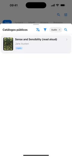 El panel del catálogo público en Fablum en un iPhone, filtrado por audiolibros, con Sense and Sensibility en versión leída