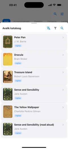 Avaliku kataloogi paneel Fablumi raamatukogu peal iPhone’is: Peter Pan, Dracula, Treasure Island ja Sense and Sensibility, igaühel kaas, autor ja EN-silt