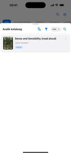 Avaliku kataloogi paneel Fablumis iPhone’is, filtreeritud audioraamatutele, sees Sense and Sensibility ettelloetud väljaandena