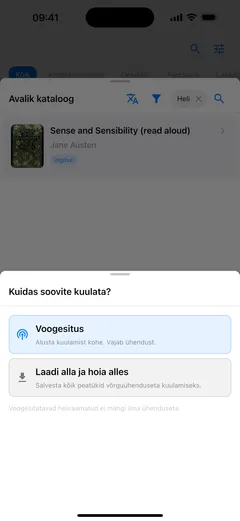Fablum küsib iPhone’is, kuidas sa tahad kataloogi audioraamatut kuulata: „Voogesitus“, mis vajab ühendust, või „Laadi alla ja hoia alles“ võrguühenduseta kuulamiseks