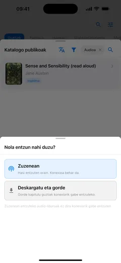 Fablum iPhonen galdetzen nola entzun katalogoko audio-liburu bat: «Zuzenean», konexioa behar duena, edo «Deskargatu eta gorde» offline entzuteko