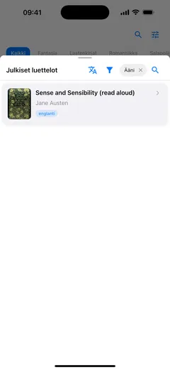 Julkisen luettelon paneeli Fablumissa iPhonella, suodatettuna äänikirjoihin, mukana Sense and Sensibility ääneen luettuna laitoksena