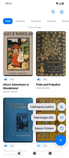 Le même menu d’ajout sur un téléphone Android, ouvert par-dessus les couvertures : Catalogues publics, Télécharger URL et Depuis Fichiers