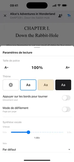 Les réglages de lecture de Fablum sur iPhone : taille du texte, quatre pastilles de couleur de page, interrupteurs pour tourner les pages et pour le défilement, et la vitesse de lecture à voix haute