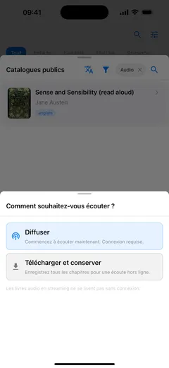 Fablum demande sur iPhone comment écouter un livre audio du catalogue : « Diffuser », qui demande une connexion, ou « Télécharger et conserver » pour l’écoute hors ligne