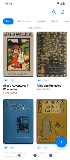 An leabharlann Fablum chéanna ar fhón Android, na clúdaigh ina dhá cholún