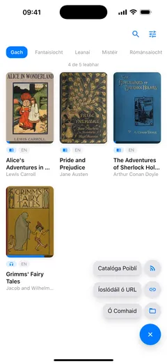 An roghchlár cur leis oscailte os cionn leabharlann Fablum ar iPhone: Catalóga Poiblí, Íoslódáil ó URL agus Ó Comhaid, deilbhín ag gach ceann, ✕ gorm fúthu