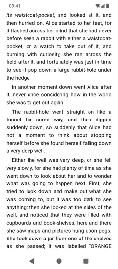 Fablum ar fhón Android ag taispeáint leathanach de Alice’s Adventures in Wonderland: téacs comhfhadaithe ag líonadh an scáileáin, faic eile air