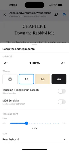 Socruithe léitheoireachta Fablum ar iPhone: méid an chló, ceithre shampla de dhath an leathanaigh, lasca do chasadh leathanach le cnag agus do scrollú, agus luas na cainte