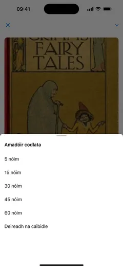 An t-amadóir codlata i seinnteoir closleabhar Fablum ar iPhone ag tairiscint 5, 15, 30, 45 nó 60 nóiméad, nó deireadh na caibidle