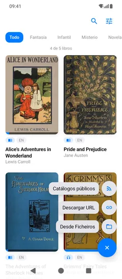 O mesmo menú de engadir nun móbil Android, aberto sobre as portadas da biblioteca: Catálogos públicos, Descargar URL e Desde Ficheiros