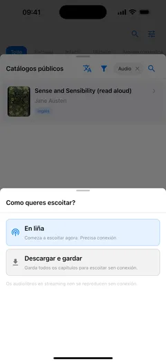 Fablum no iPhone preguntando como escoitar un audiolibro do catálogo: «En liña», que precisa conexión, ou «Descargar e gardar» para escoitalo sen conexión