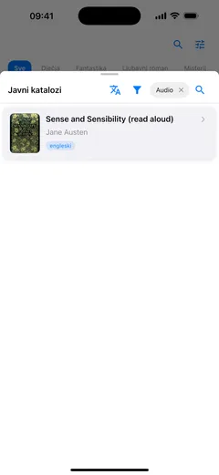 Ploča javnog kataloga u Fablumu na iPhoneu, filtrirana na audioknjige, sa Sense and Sensibility kao naglas čitanim izdanjem