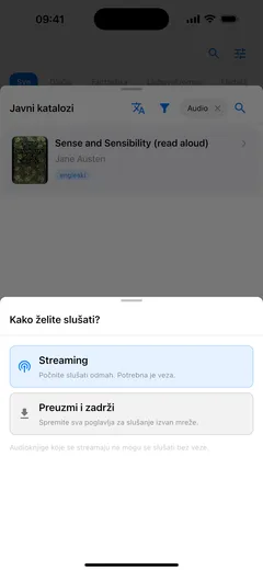 Fablum na iPhoneu pita kako želite slušati audioknjigu iz kataloga: „Streaming”, koji traži vezu, ili „Preuzmi i zadrži” za slušanje offline