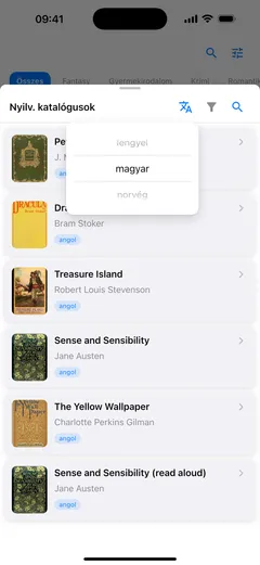 A nyelvválasztó megnyitva a nyilvános katalógus fölött a Fablumban iPhone-on: magyar, angol és eszperantó, kiválasztva az angol