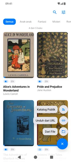 Menu tambah yang sama di ponsel Android, terbuka di atas sampul-sampul pustaka: Katalog Publik, Unduh dari URL, dan Dari File